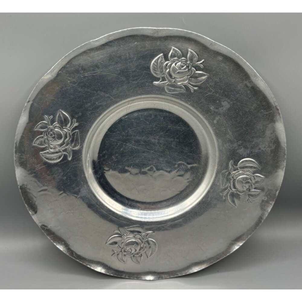 Vtg Hammered Metal Serving Plate Embossed Floral Design‎ 12"